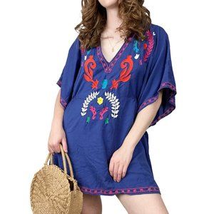Vintage Boho Embroidered Floral Swimsuit Cover Up Dress Poncho Kaftan Oversized